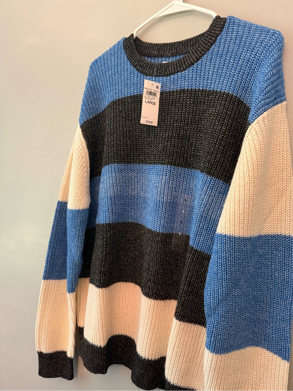 Men's Striped Crewneck Sweater in Blue, Black & Cream - Picture 4 of 4